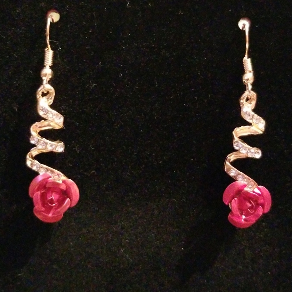 Red rose drop earrings - Picture 3 of 4